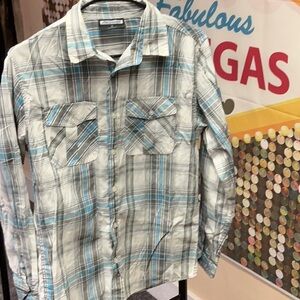 Blue and White Casual Button Down Shirt with Plaid Pattern